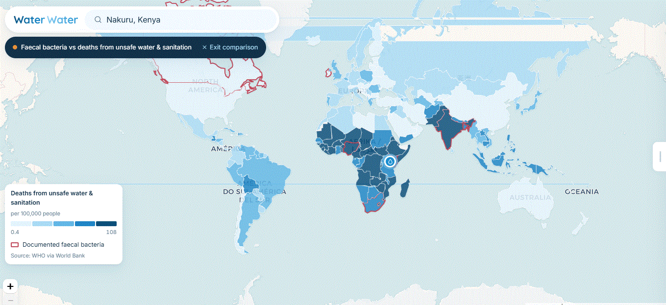 World map shaded by deaths from unsafe water and sanitation. Sub-Saharan Africa and India are darkest, at up to 108 deaths per 100,000 people; Europe, North America and Australia are palest, at under 1.